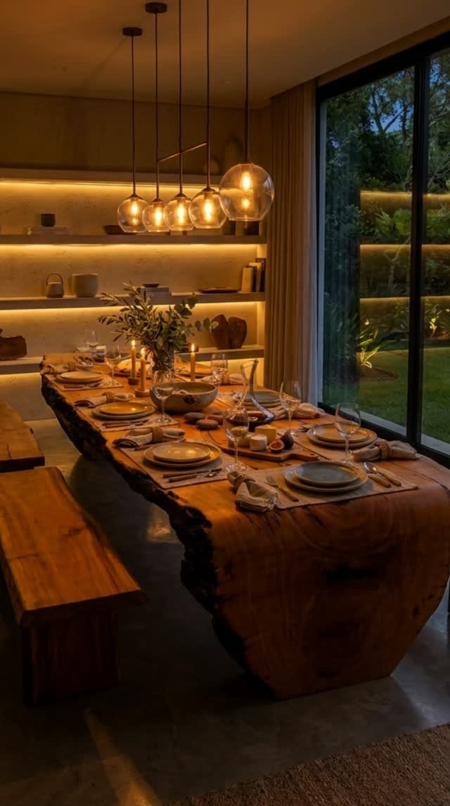 Mesa de jantar em madeira maciça com borda natural em ambiente sofisticado